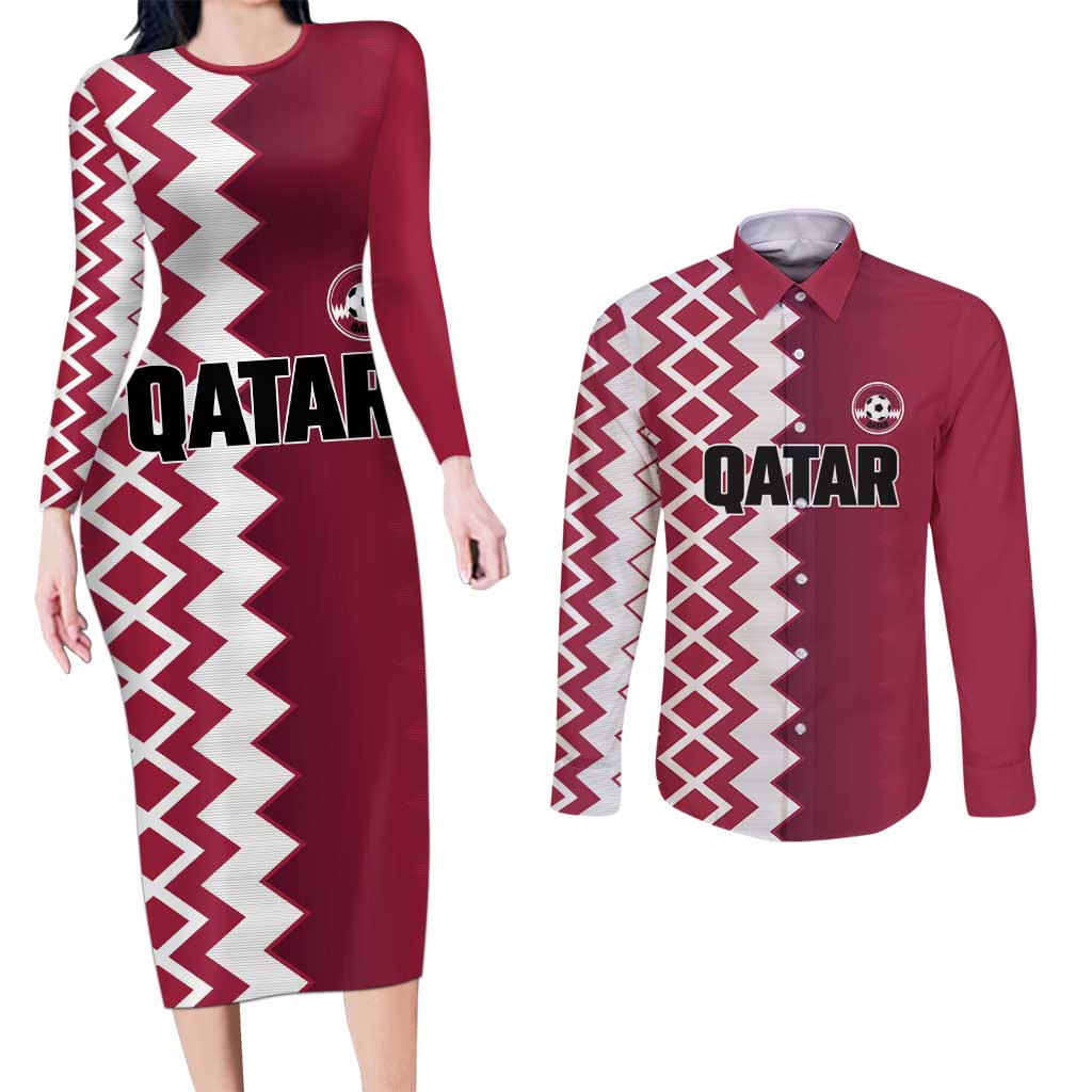 Custom Qatar Football Couples Matching Long Sleeve Bodycon Dress and Long Sleeve Button Shirt Maroon One Go Champion - Wonder Print Shop