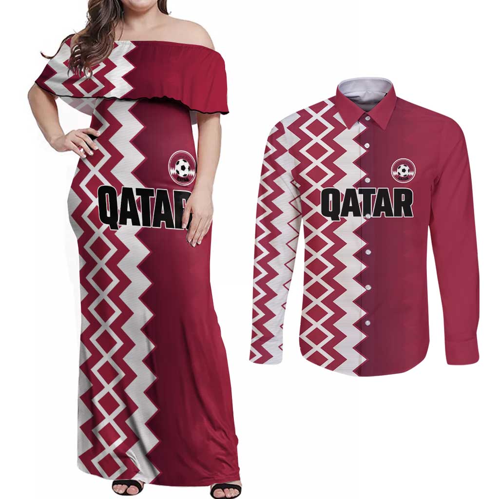Custom Qatar Football Couples Matching Off Shoulder Maxi Dress and Long Sleeve Button Shirt Maroon One Go Champion - Wonder Print Shop