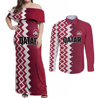 Custom Qatar Football Couples Matching Off Shoulder Maxi Dress and Long Sleeve Button Shirt Maroon One Go Champion - Wonder Print Shop