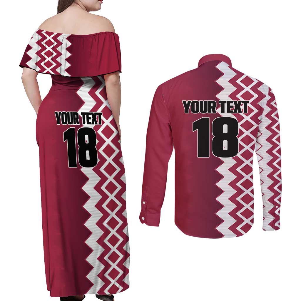 Custom Qatar Football Couples Matching Off Shoulder Maxi Dress and Long Sleeve Button Shirt Maroon One Go Champion - Wonder Print Shop