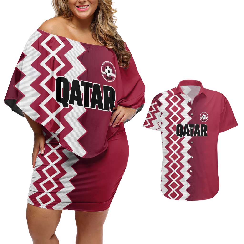 Custom Qatar Football Couples Matching Off Shoulder Short Dress and Hawaiian Shirt Maroon One Go Champion - Wonder Print Shop