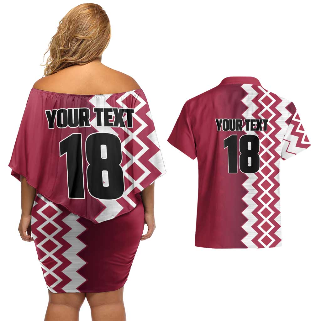 Custom Qatar Football Couples Matching Off Shoulder Short Dress and Hawaiian Shirt Maroon One Go Champion - Wonder Print Shop