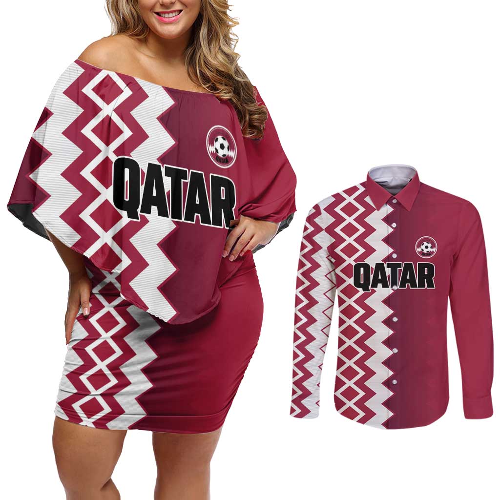 Custom Qatar Football Couples Matching Off Shoulder Short Dress and Long Sleeve Button Shirt Maroon One Go Champion - Wonder Print Shop