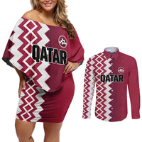 Custom Qatar Football Couples Matching Off Shoulder Short Dress and Long Sleeve Button Shirt Maroon One Go Champion - Wonder Print Shop