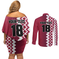 Custom Qatar Football Couples Matching Off Shoulder Short Dress and Long Sleeve Button Shirt Maroon One Go Champion - Wonder Print Shop