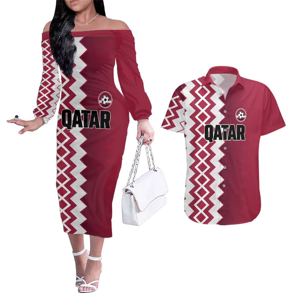 Custom Qatar Football Couples Matching Off The Shoulder Long Sleeve Dress and Hawaiian Shirt Maroon One Go Champion - Wonder Print Shop