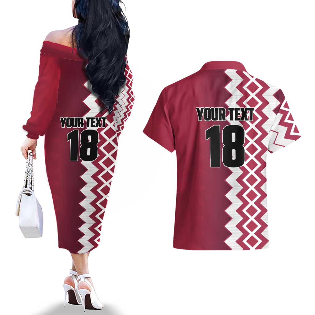 Custom Qatar Football Couples Matching Off The Shoulder Long Sleeve Dress and Hawaiian Shirt Maroon One Go Champion - Wonder Print Shop