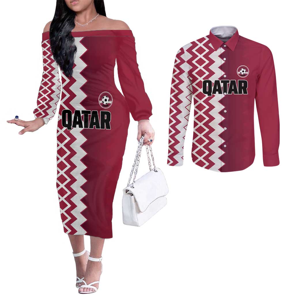 Custom Qatar Football Couples Matching Off The Shoulder Long Sleeve Dress and Long Sleeve Button Shirt Maroon One Go Champion - Wonder Print Shop
