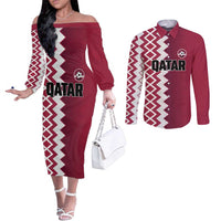 Custom Qatar Football Couples Matching Off The Shoulder Long Sleeve Dress and Long Sleeve Button Shirt Maroon One Go Champion - Wonder Print Shop