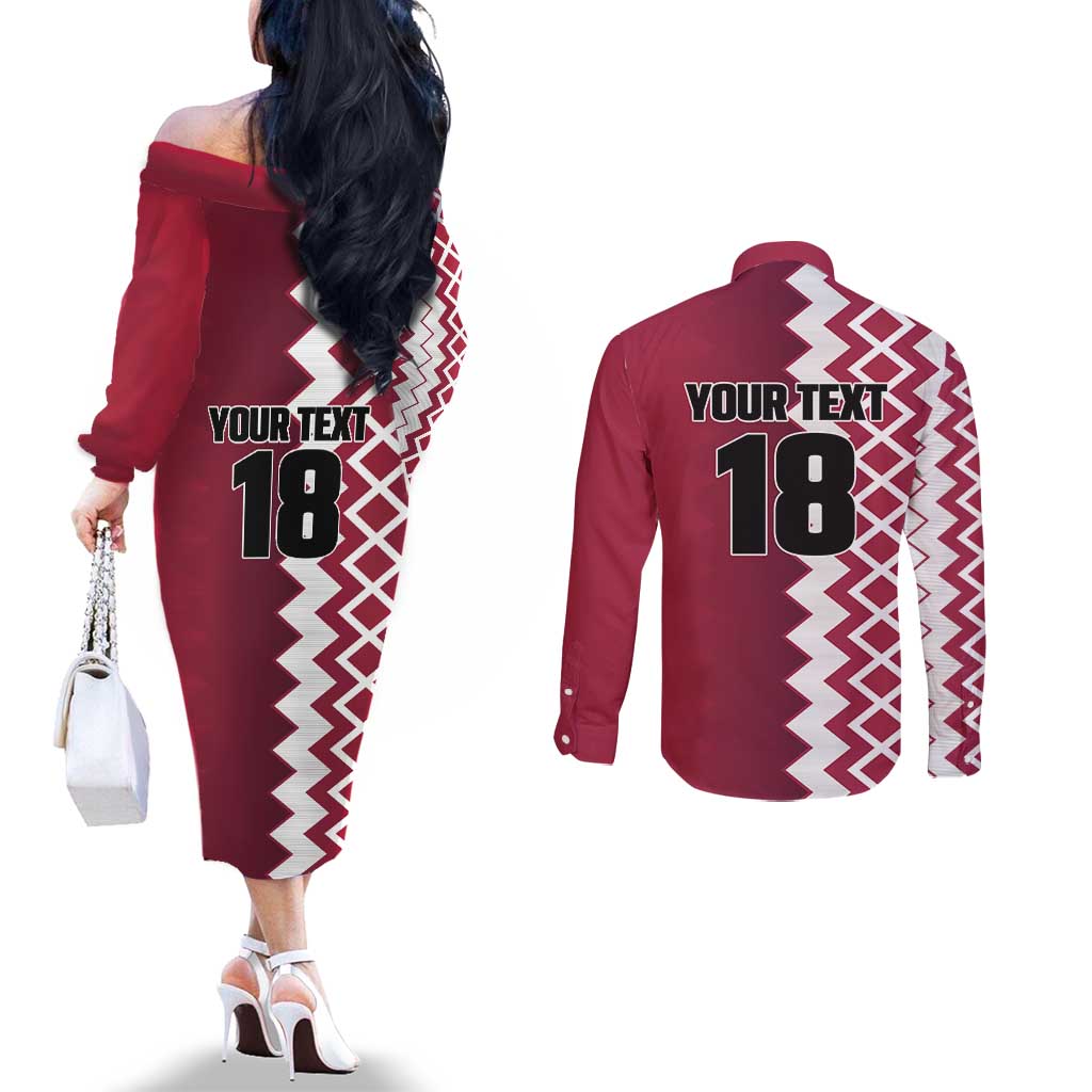 Custom Qatar Football Couples Matching Off The Shoulder Long Sleeve Dress and Long Sleeve Button Shirt Maroon One Go Champion - Wonder Print Shop