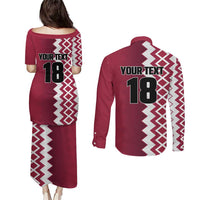 Custom Qatar Football Couples Matching Puletasi and Long Sleeve Button Shirt Maroon One Go Champion - Wonder Print Shop