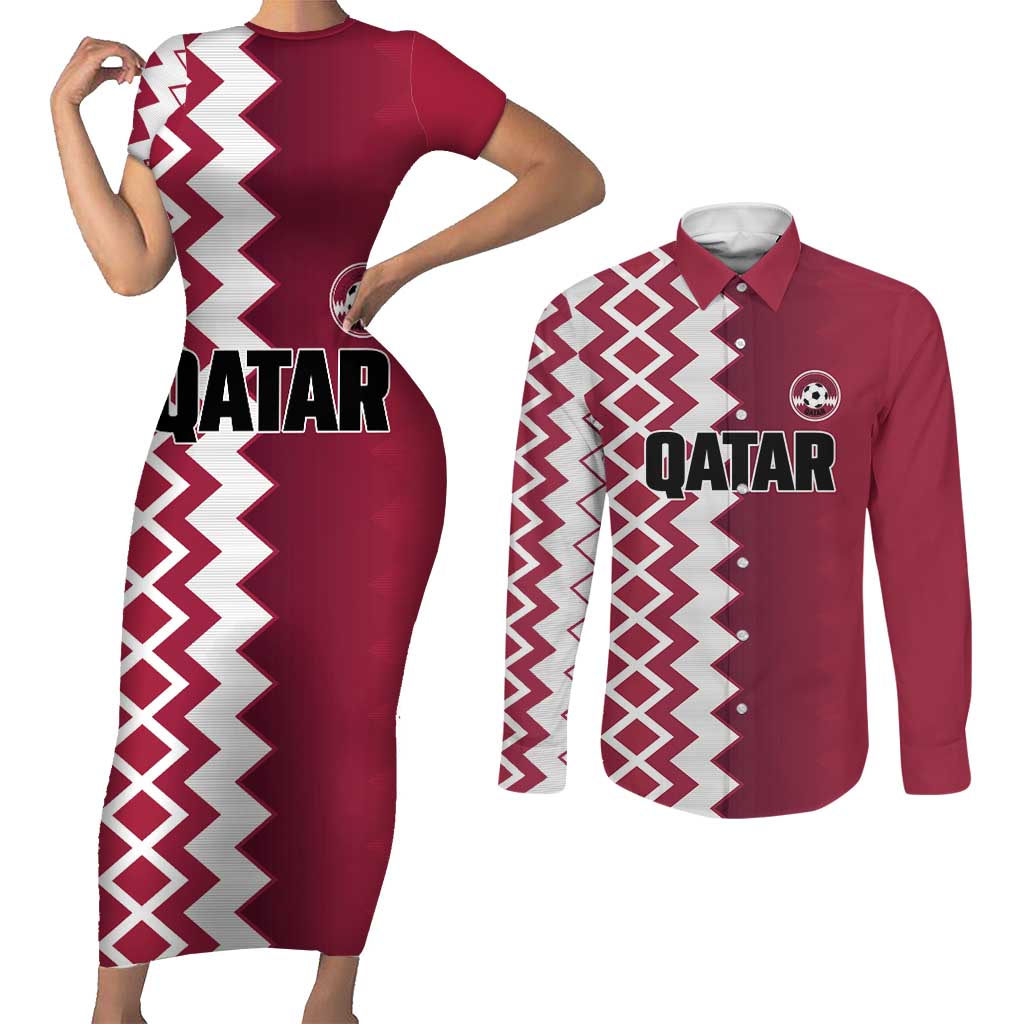 Custom Qatar Football Couples Matching Short Sleeve Bodycon Dress and Long Sleeve Button Shirt Maroon One Go Champion - Wonder Print Shop
