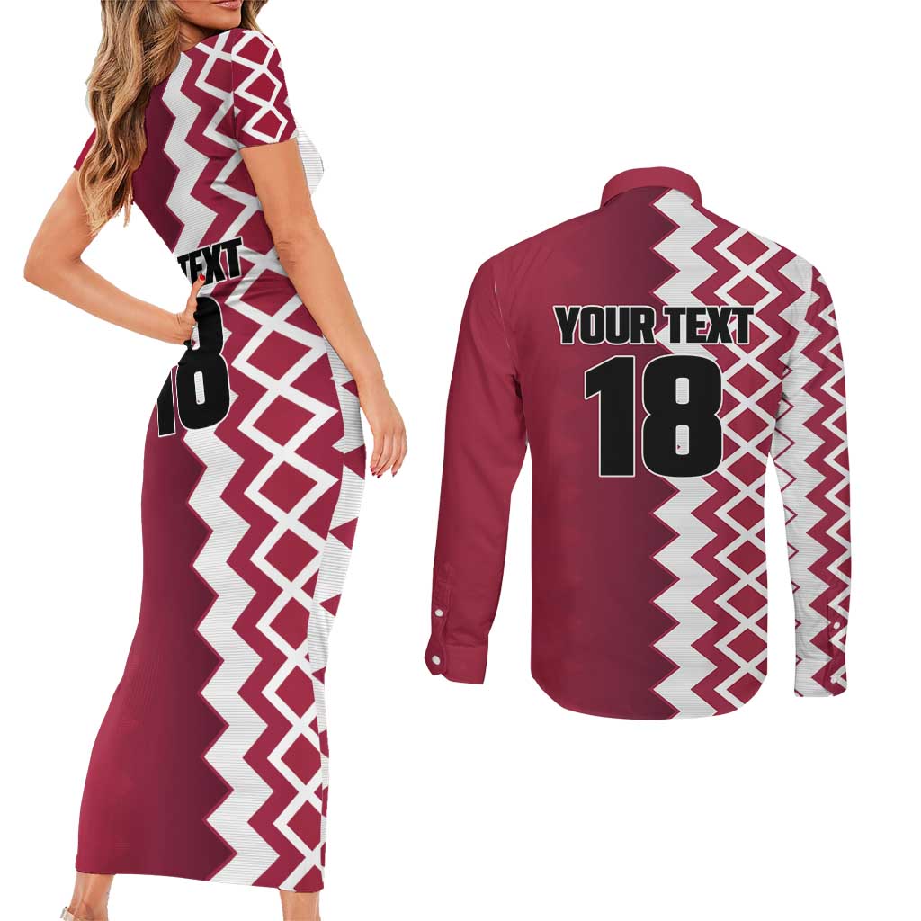 Custom Qatar Football Couples Matching Short Sleeve Bodycon Dress and Long Sleeve Button Shirt Maroon One Go Champion - Wonder Print Shop