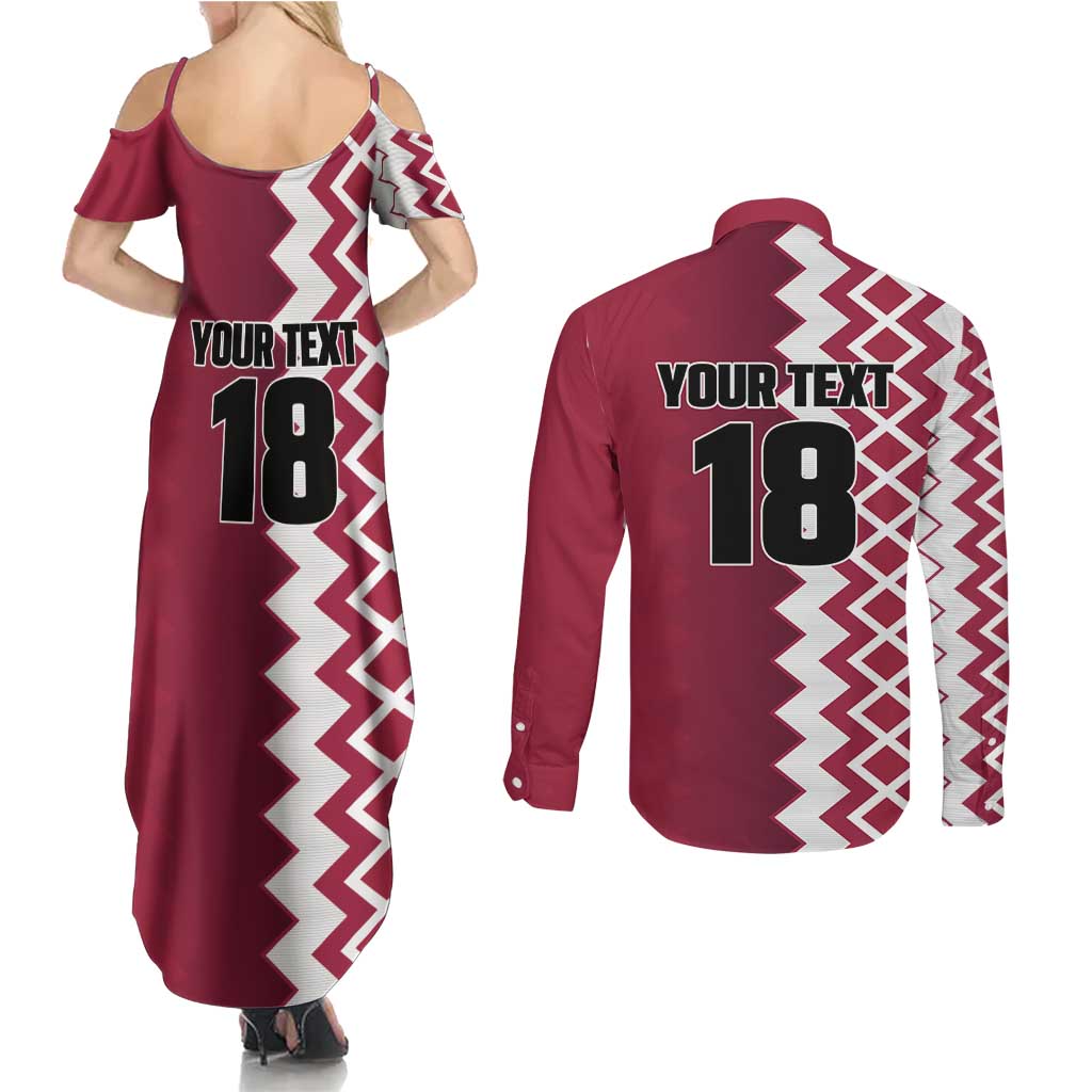 Custom Qatar Football Couples Matching Summer Maxi Dress and Long Sleeve Button Shirt Maroon One Go Champion - Wonder Print Shop