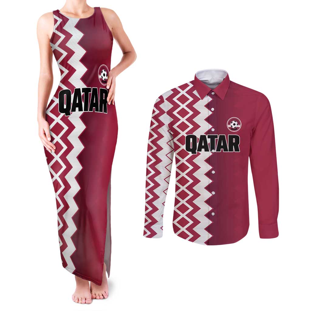 Custom Qatar Football Couples Matching Tank Maxi Dress and Long Sleeve Button Shirt Maroon One Go Champion - Wonder Print Shop