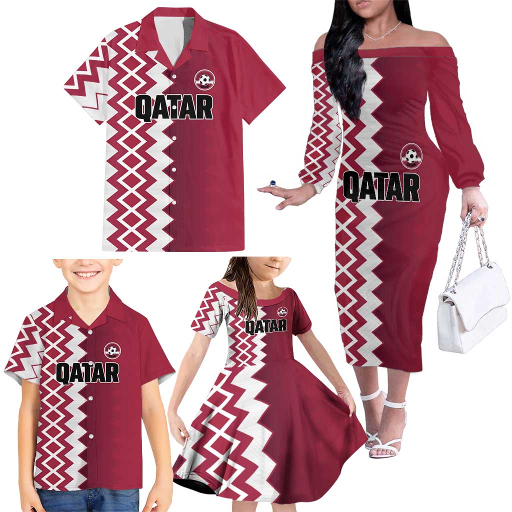 Custom Qatar Football Family Matching Off The Shoulder Long Sleeve Dress and Hawaiian Shirt Maroon One Go Champion - Wonder Print Shop