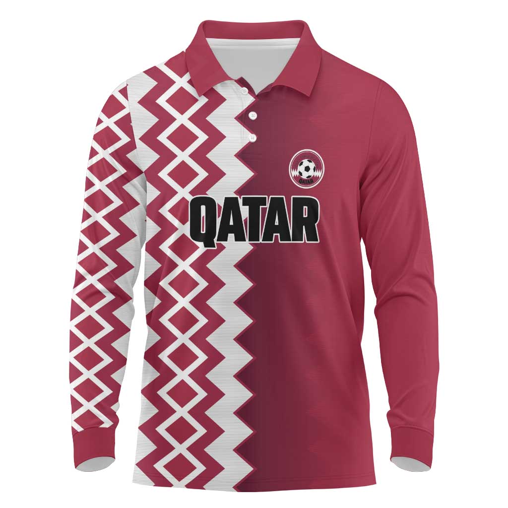 Custom Qatar Football Long Sleeve Polo Shirt Maroon One Go Champion - Wonder Print Shop
