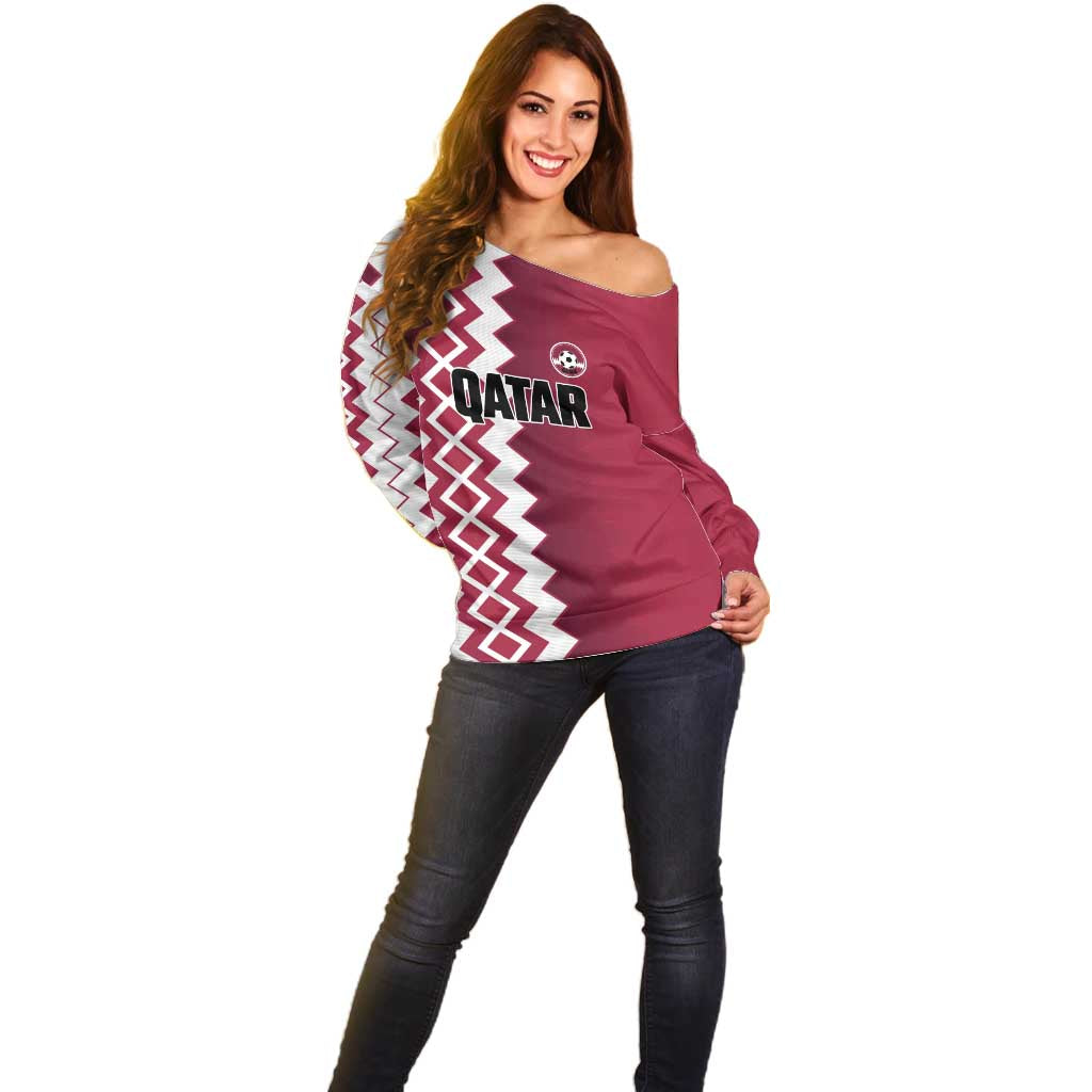 Custom Qatar Football Off Shoulder Sweater Maroon One Go Champion - Wonder Print Shop