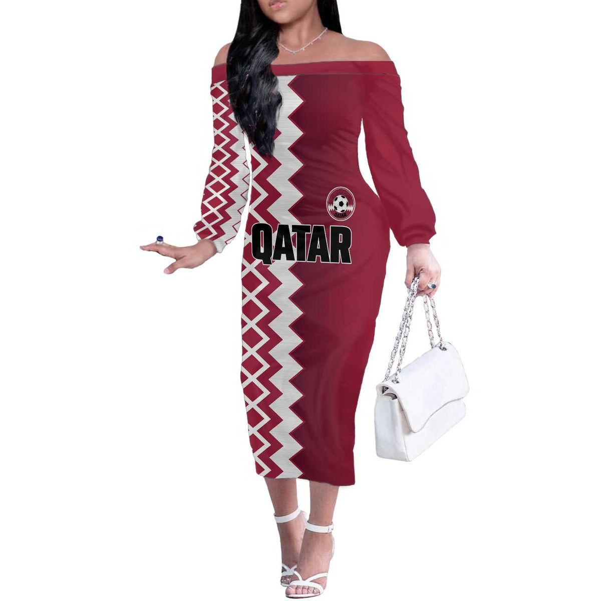 Custom Qatar Football Off The Shoulder Long Sleeve Dress Maroon One Go Champion - Wonder Print Shop