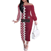 Custom Qatar Football Off The Shoulder Long Sleeve Dress Maroon One Go Champion - Wonder Print Shop