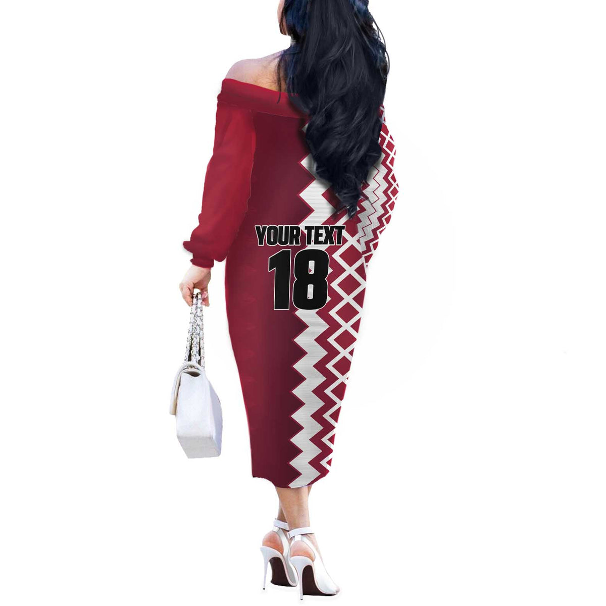 Custom Qatar Football Off The Shoulder Long Sleeve Dress Maroon One Go Champion - Wonder Print Shop