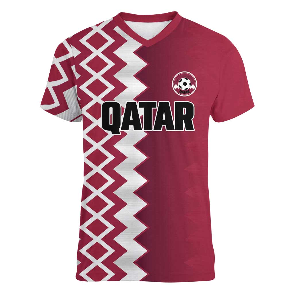 Custom Qatar Football Women V-Neck T-Shirt Maroon One Go Champion - Wonder Print Shop