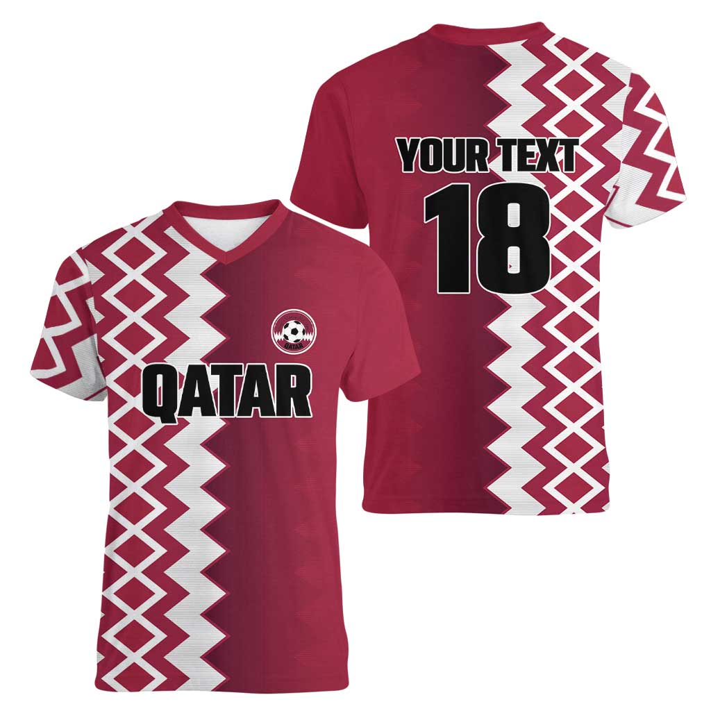 Custom Qatar Football Women V-Neck T-Shirt Maroon One Go Champion - Wonder Print Shop