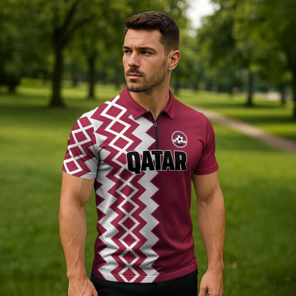 Custom Qatar Football Zipper Polo Shirt Maroon One Go Champion - Wonder Print Shop