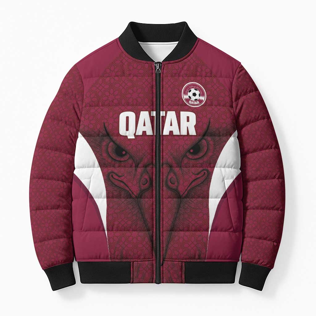 Custom Qatar Football Bomber Puffer Jacket Maroon Falcon Spirit Red Version - Wonder Print Shop