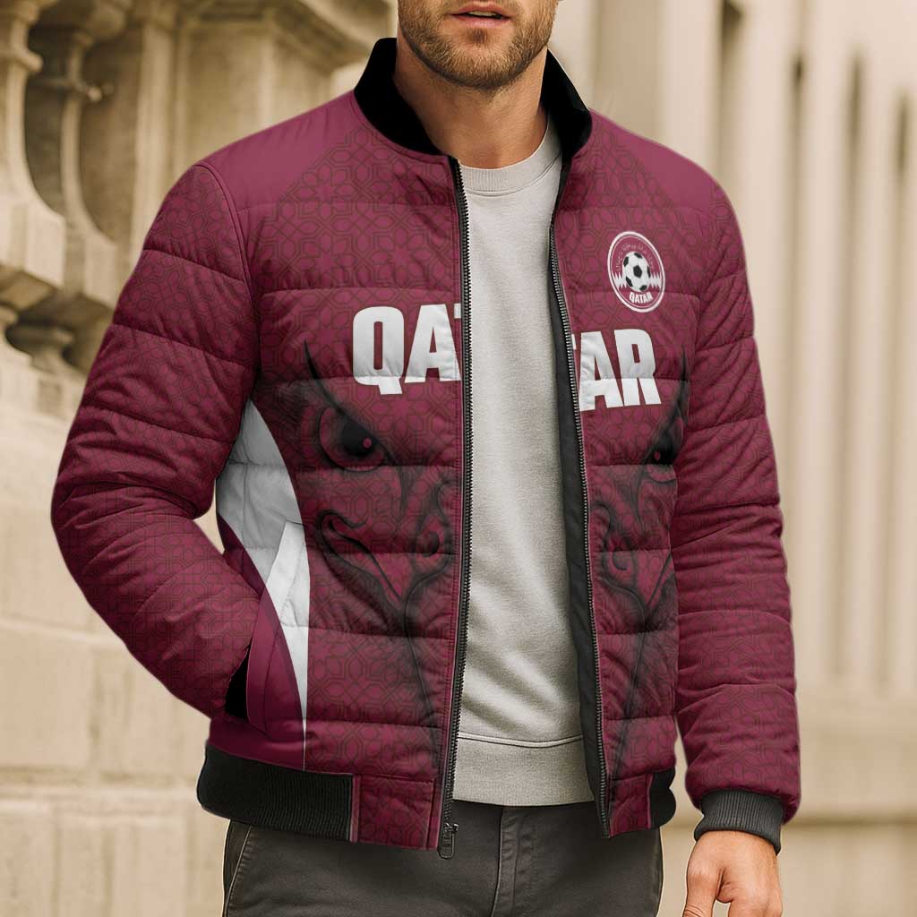 Custom Qatar Football Bomber Puffer Jacket Maroon Falcon Spirit Red Version - Wonder Print Shop