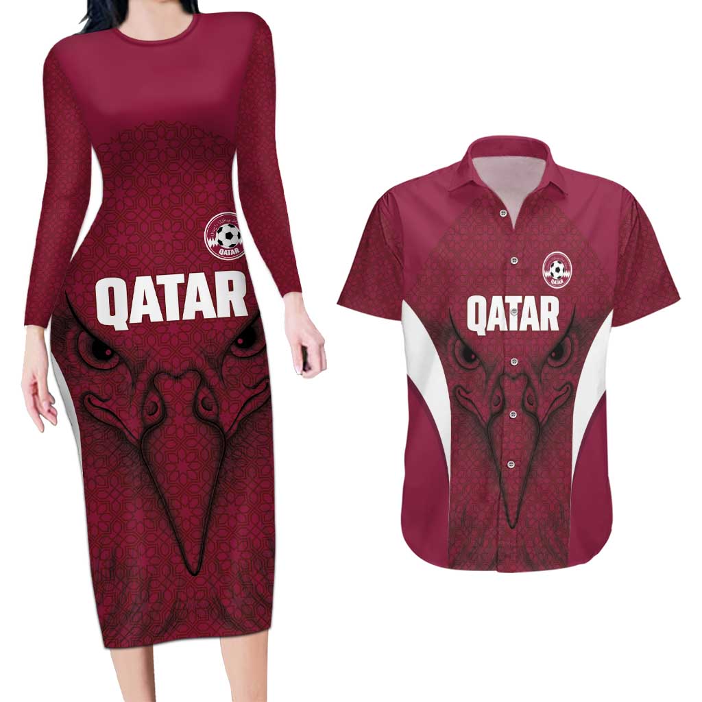 Custom Qatar Football Couples Matching Long Sleeve Bodycon Dress and Hawaiian Shirt Maroon Falcon Spirit Red Version - Wonder Print Shop