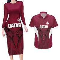 Custom Qatar Football Couples Matching Long Sleeve Bodycon Dress and Hawaiian Shirt Maroon Falcon Spirit Red Version - Wonder Print Shop