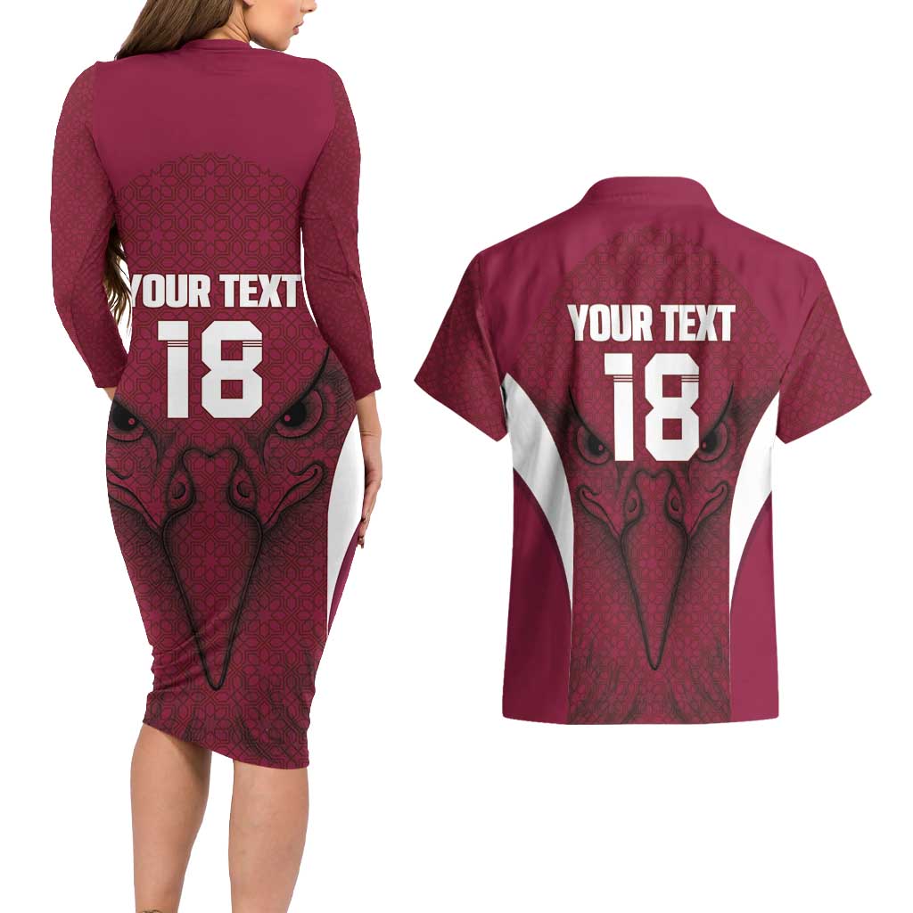 Custom Qatar Football Couples Matching Long Sleeve Bodycon Dress and Hawaiian Shirt Maroon Falcon Spirit Red Version - Wonder Print Shop