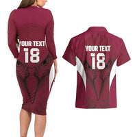 Custom Qatar Football Couples Matching Long Sleeve Bodycon Dress and Hawaiian Shirt Maroon Falcon Spirit Red Version - Wonder Print Shop