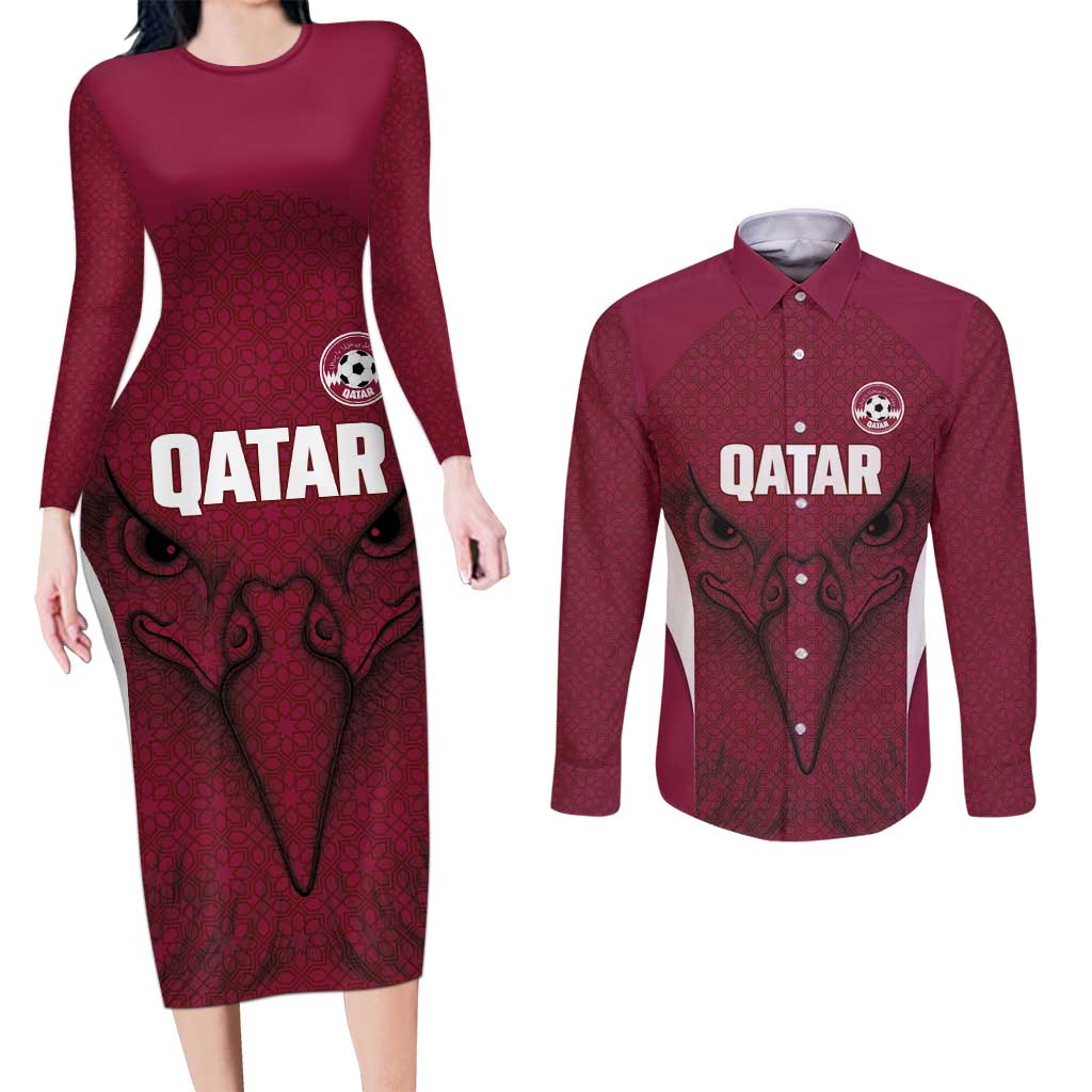 Custom Qatar Football Couples Matching Long Sleeve Bodycon Dress and Long Sleeve Button Shirt Maroon Falcon Spirit Red Version - Wonder Print Shop