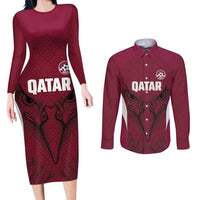 Custom Qatar Football Couples Matching Long Sleeve Bodycon Dress and Long Sleeve Button Shirt Maroon Falcon Spirit Red Version - Wonder Print Shop