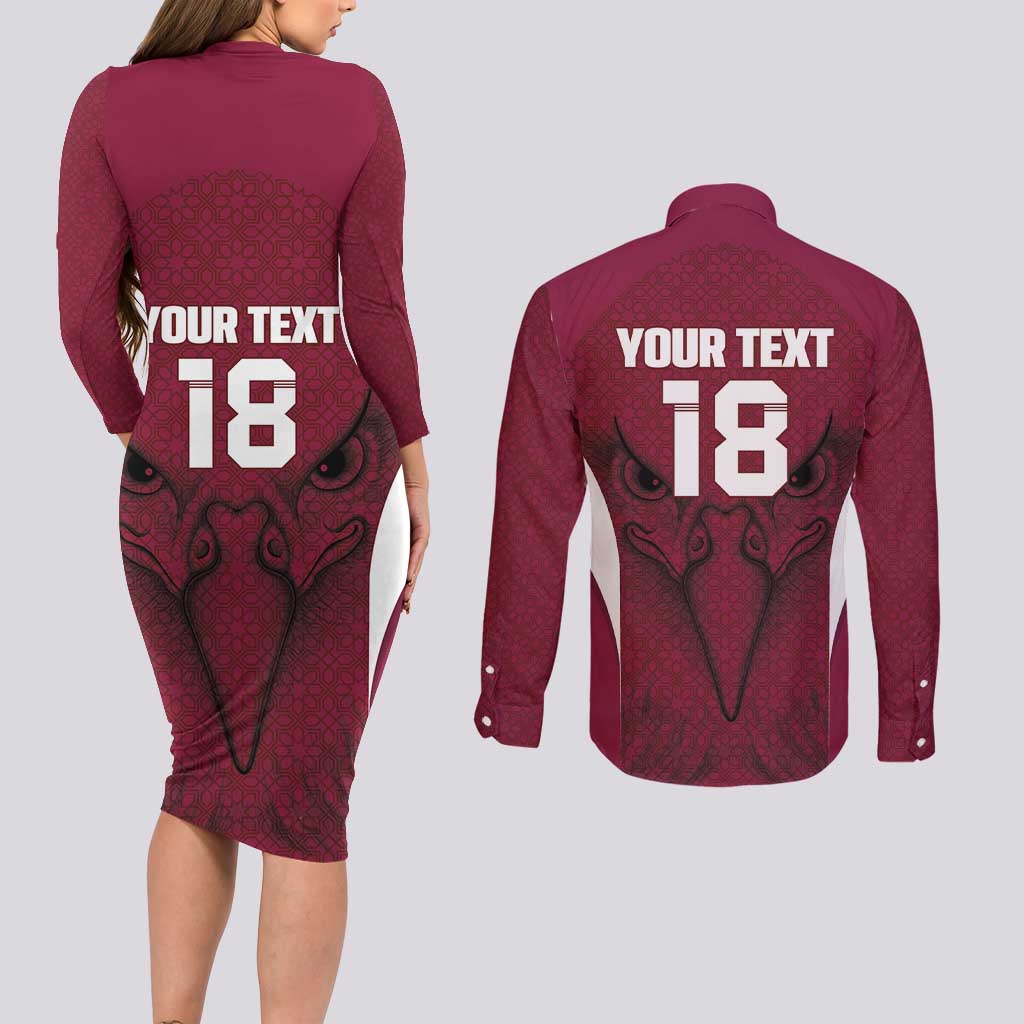 Custom Qatar Football Couples Matching Long Sleeve Bodycon Dress and Long Sleeve Button Shirt Maroon Falcon Spirit Red Version - Wonder Print Shop