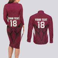 Custom Qatar Football Couples Matching Long Sleeve Bodycon Dress and Long Sleeve Button Shirt Maroon Falcon Spirit Red Version - Wonder Print Shop