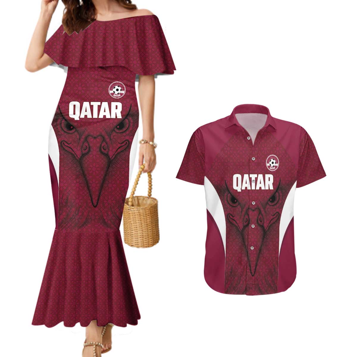 Custom Qatar Football Couples Matching Mermaid Dress and Hawaiian Shirt Maroon Falcon Spirit Red Version - Wonder Print Shop