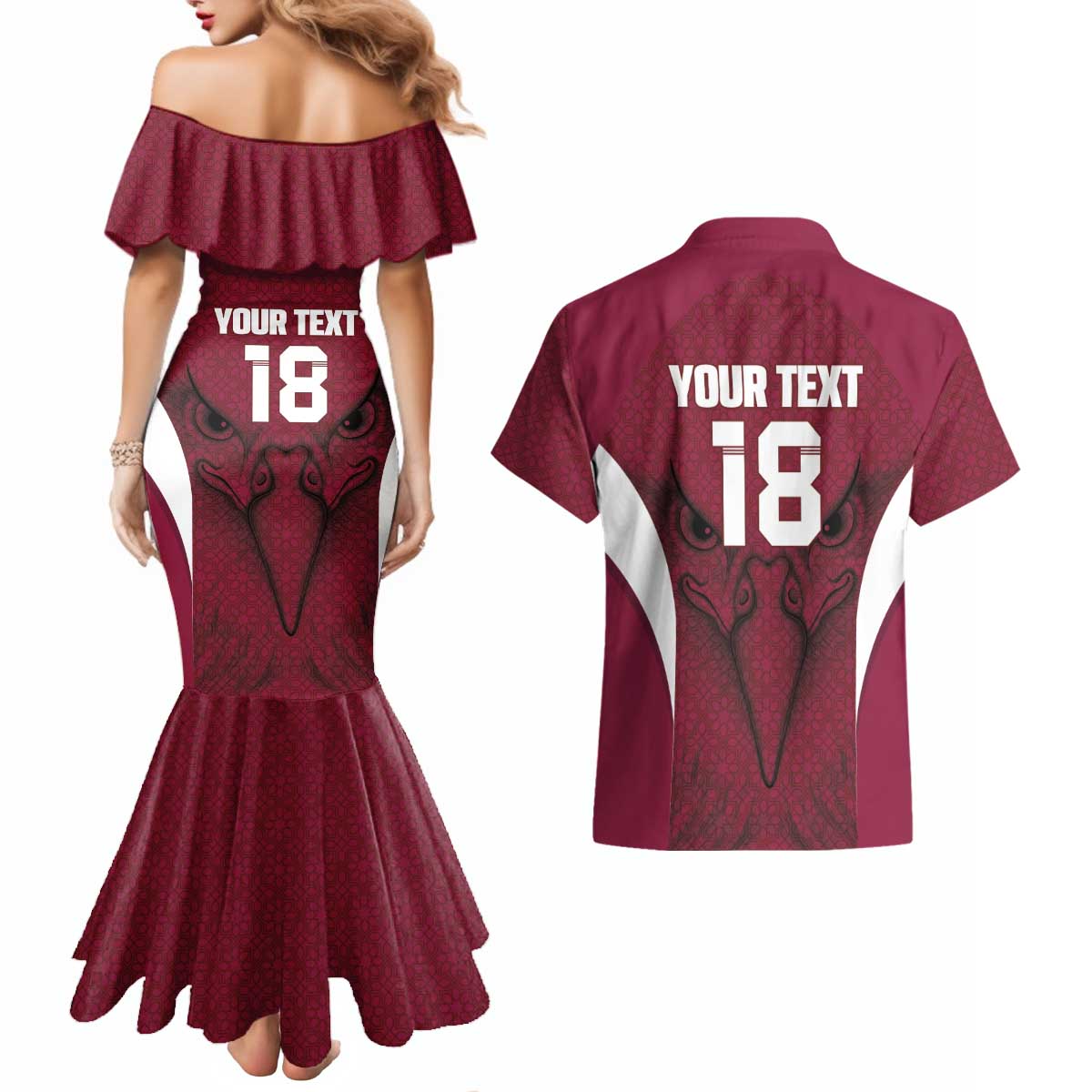 Custom Qatar Football Couples Matching Mermaid Dress and Hawaiian Shirt Maroon Falcon Spirit Red Version - Wonder Print Shop