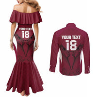 Custom Qatar Football Couples Matching Mermaid Dress and Long Sleeve Button Shirt Maroon Falcon Spirit Red Version - Wonder Print Shop