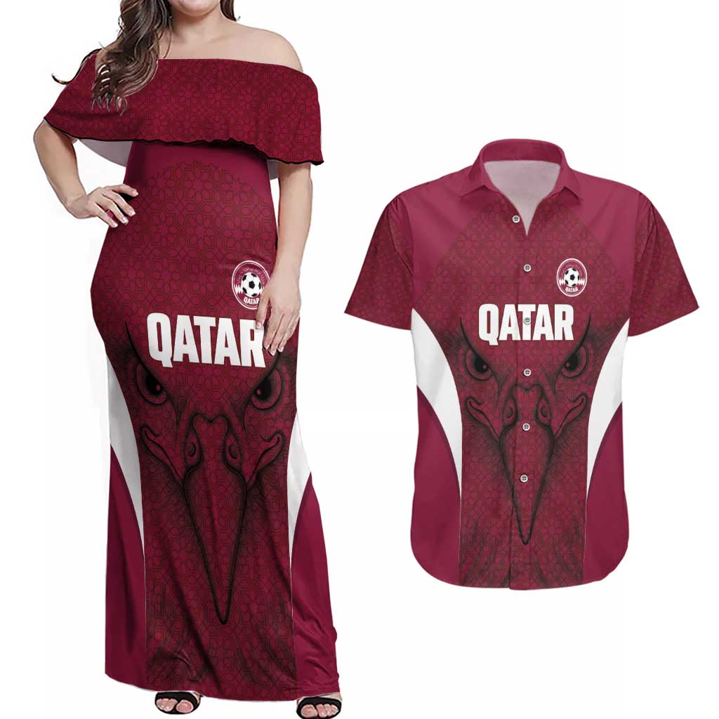 Custom Qatar Football Couples Matching Off Shoulder Maxi Dress and Hawaiian Shirt Maroon Falcon Spirit Red Version - Wonder Print Shop