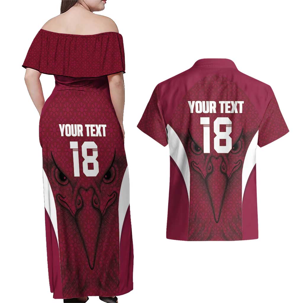 Custom Qatar Football Couples Matching Off Shoulder Maxi Dress and Hawaiian Shirt Maroon Falcon Spirit Red Version - Wonder Print Shop