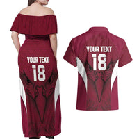 Custom Qatar Football Couples Matching Off Shoulder Maxi Dress and Hawaiian Shirt Maroon Falcon Spirit Red Version - Wonder Print Shop