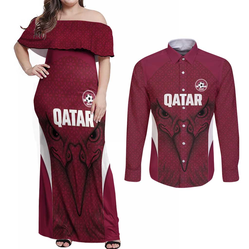 Custom Qatar Football Couples Matching Off Shoulder Maxi Dress and Long Sleeve Button Shirt Maroon Falcon Spirit Red Version - Wonder Print Shop