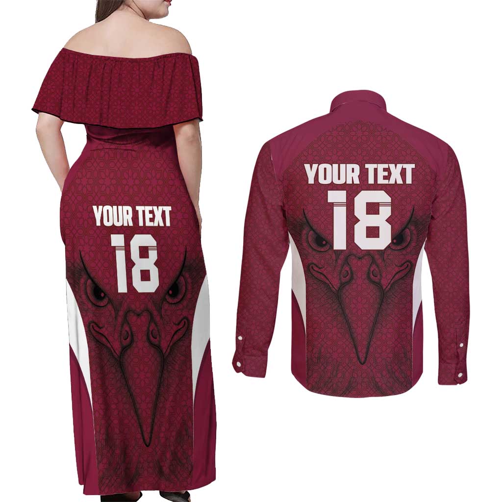 Custom Qatar Football Couples Matching Off Shoulder Maxi Dress and Long Sleeve Button Shirt Maroon Falcon Spirit Red Version - Wonder Print Shop