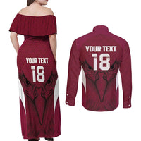 Custom Qatar Football Couples Matching Off Shoulder Maxi Dress and Long Sleeve Button Shirt Maroon Falcon Spirit Red Version - Wonder Print Shop