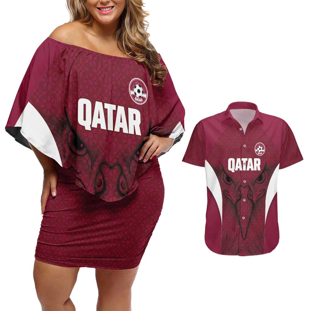 Custom Qatar Football Couples Matching Off Shoulder Short Dress and Hawaiian Shirt Maroon Falcon Spirit Red Version - Wonder Print Shop