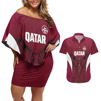 Custom Qatar Football Couples Matching Off Shoulder Short Dress and Hawaiian Shirt Maroon Falcon Spirit Red Version - Wonder Print Shop