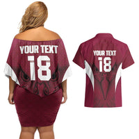 Custom Qatar Football Couples Matching Off Shoulder Short Dress and Hawaiian Shirt Maroon Falcon Spirit Red Version - Wonder Print Shop